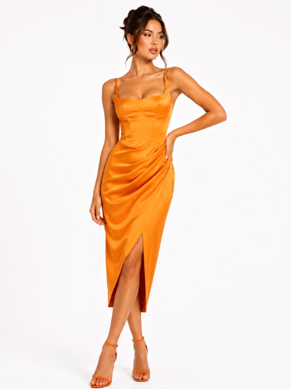 House of CB - Bianca Tangerine Satin Corset Midi Dress